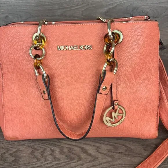 Michael Kors MK Satchel Hand Bag Shoulder Bag Peach Chain Cross Body Satchel - Picture 6 of 16